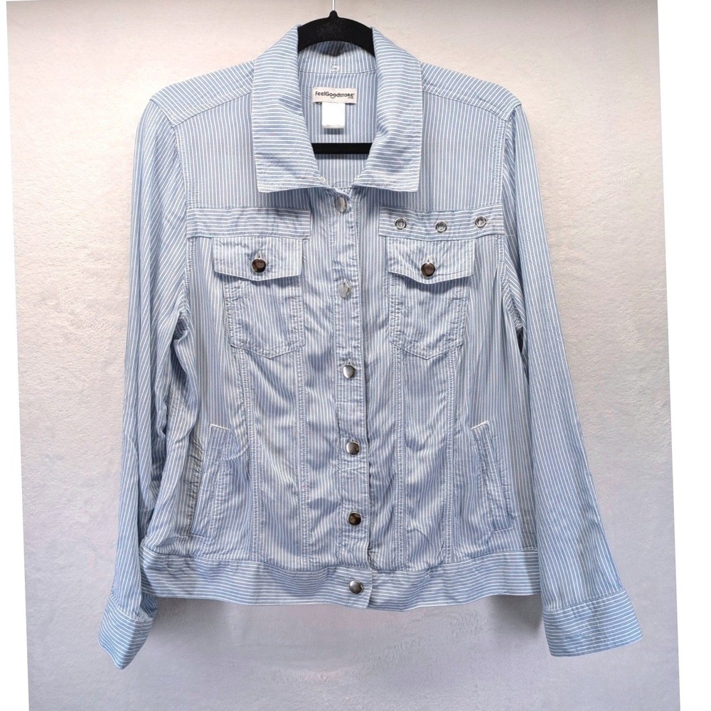 FeelGoodStore Jacket Womens Large Blue White Pinstripe Rayon Button Up Utility
